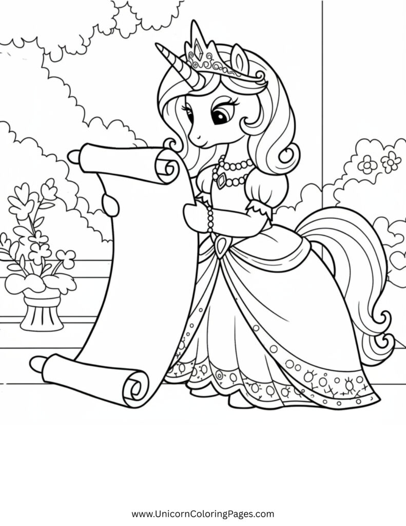 Wise Unicorn Princess Reading a Scroll